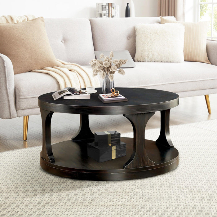 18"H Antique Black Round Structure Coffee Table with Open Shelf - Sweatfully