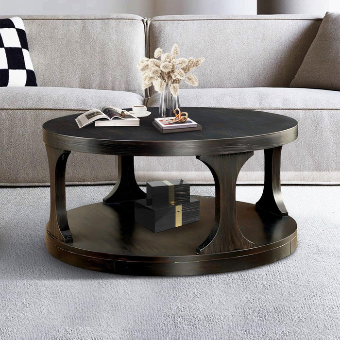 18"H Antique Black Round Structure Coffee Table with Open Shelf - Sweatfully