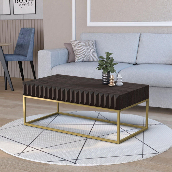 Walnut/Gold Textured Front Panels Coffee Table with Concealed Drawers - Sweatfully