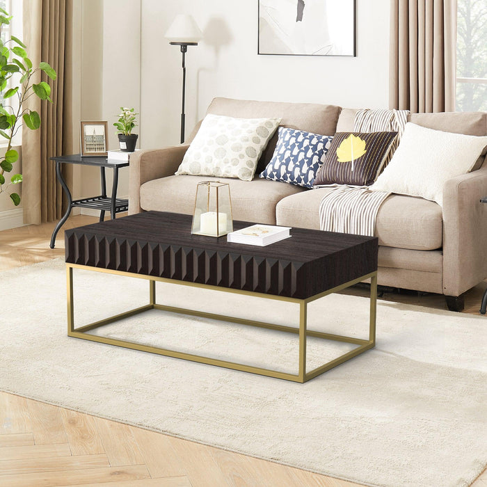 Walnut/Gold Textured Front Panels Coffee Table with Concealed Drawers - Sweatfully