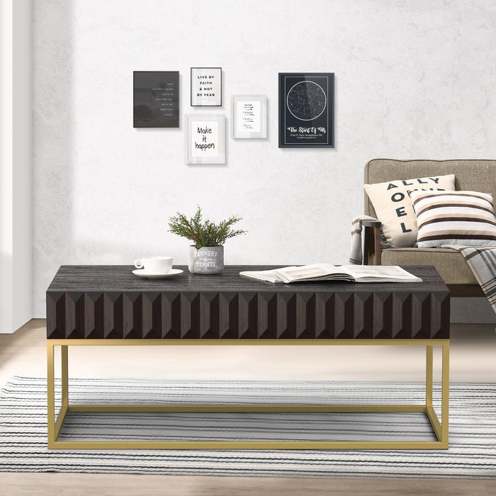 Walnut/Gold Textured Front Panels Coffee Table with Concealed Drawers - Sweatfully
