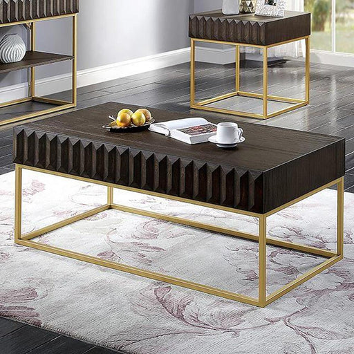 Walnut/Gold Textured Front Panels Coffee Table with Concealed Drawers - Sweatfully