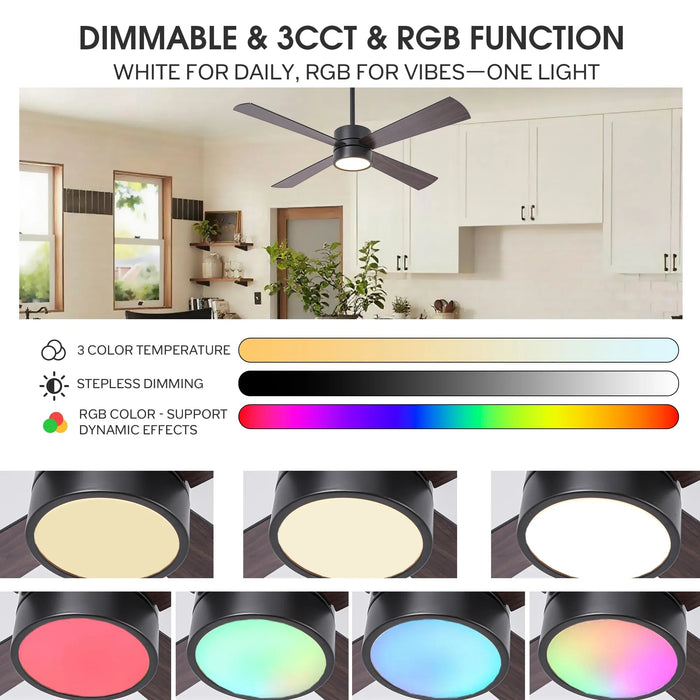 52 Inch Bucholz Industrial Dimmable RGB LED Ceiling Fan with Remote and APP Control - Sweatfully