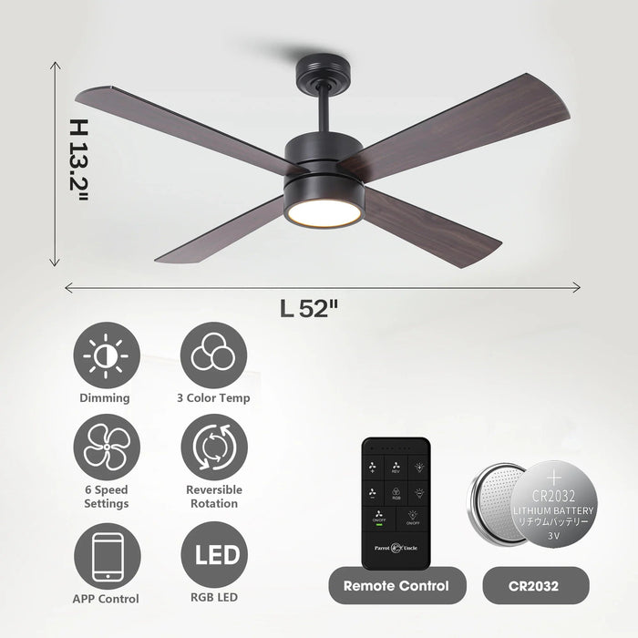 52 Inch Bucholz Industrial Dimmable RGB LED Ceiling Fan with Remote and APP Control - Sweatfully