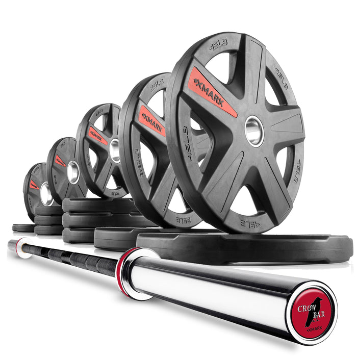 XMARK Texas Star Olympic Weight Plates and Olympic Barbell Sets CROWBAR-3389-BAL-155 - Sweatfully