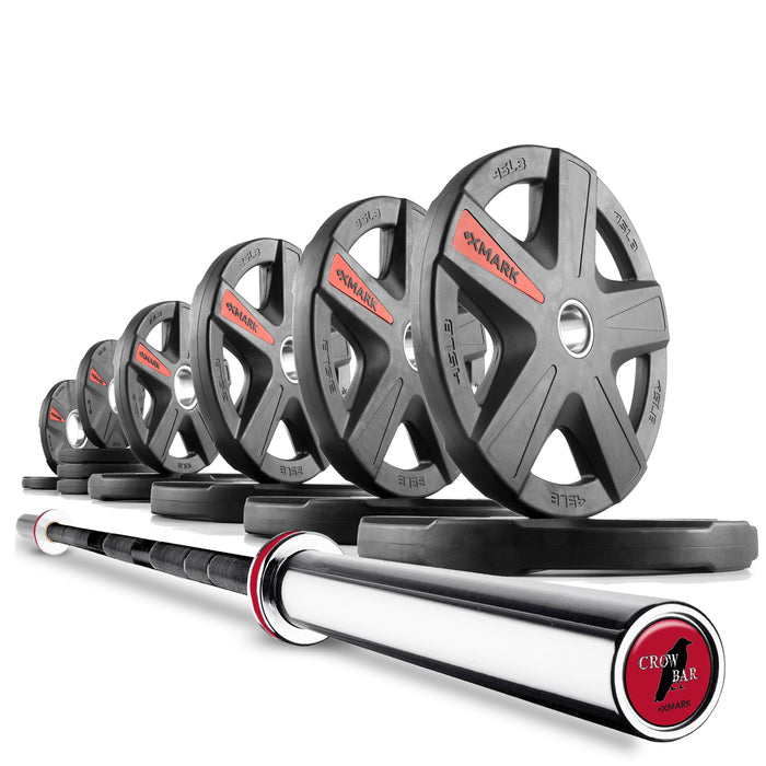 XMARK Texas Star Olympic Weight Plates and Olympic Barbell Sets CROWBAR-3389-BAL-155 - Sweatfully