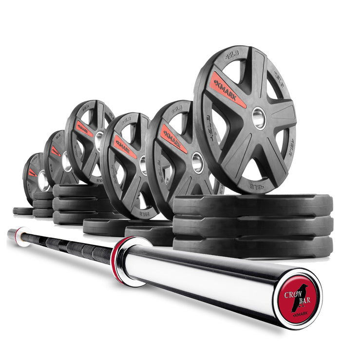 XMARK Texas Star Olympic Weight Plates and Olympic Barbell Sets CROWBAR-3389-BAL-155 - Sweatfully