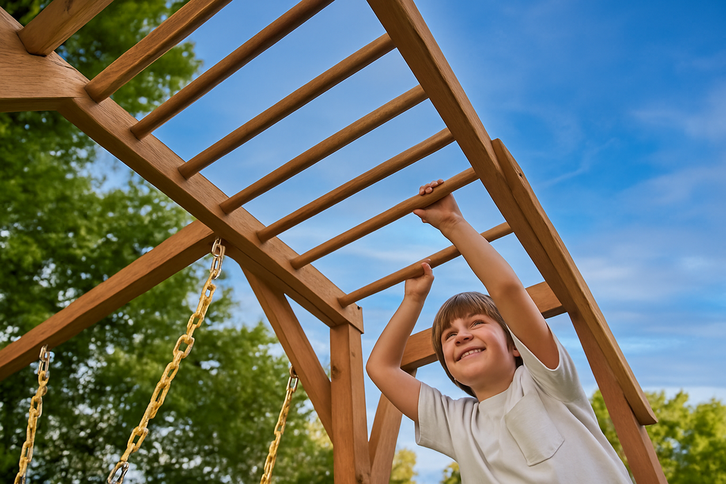 Avenlur Hawthorn XL Wooden Outdoor Playset – Slide, Swing, Climbing Wall & Monkey Bars | Backyard Playground Set for Kids - Sweatfully
