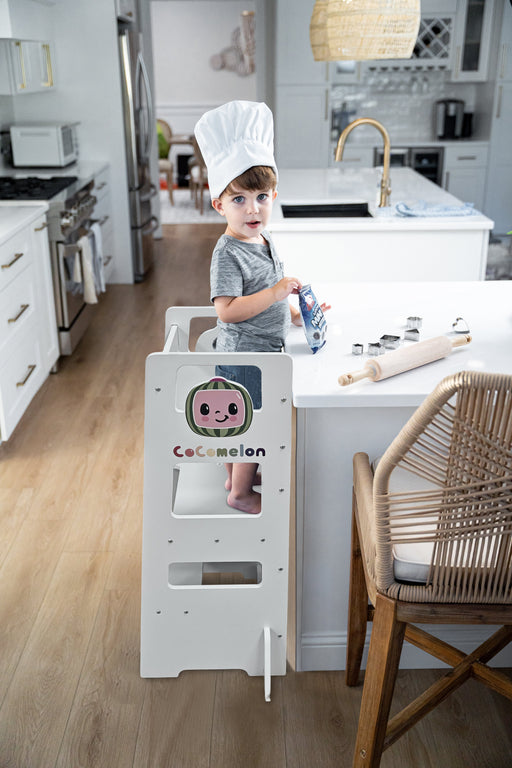 Date CocoMelon 3-in-1 Kitchen Tower for Kids – Step Stool & Chalkboard Learning Helper - Sweatfully