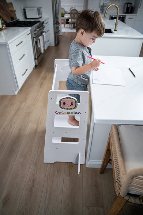 Date CocoMelon 3-in-1 Kitchen Tower for Kids – Step Stool & Chalkboard Learning Helper - Sweatfully