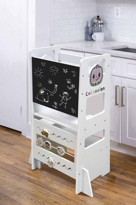 Date CocoMelon 3-in-1 Kitchen Tower for Kids – Step Stool & Chalkboard Learning Helper - Sweatfully