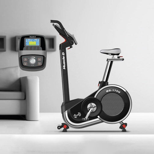 Light Commercial Upright Bike - Muscle D Fitness - LED Display - Heart Rate Monitor - Adjustable Seat - On Wheels for Easy Movement - Sweatfully