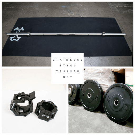 7' Stainless Steel Bushing Olympic Bar and Bumper Plate Set - Sweatfully