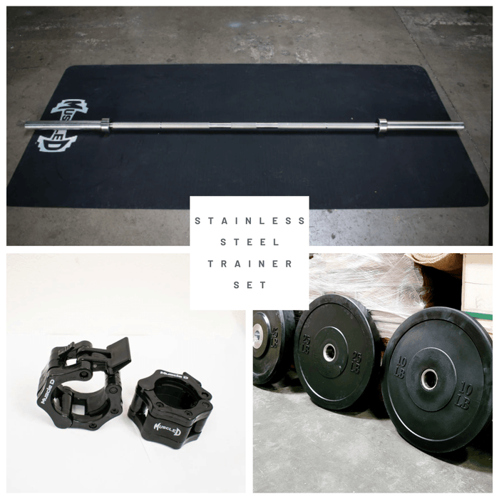 7' Stainless Steel Bushing Olympic Bar and Bumper Plate Set - Sweatfully
