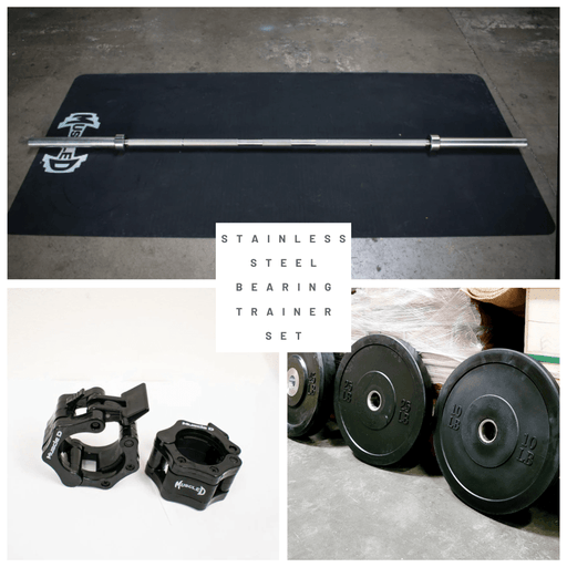 7' Stainless Steel Bearing Olympic Bar and Bumper Plate Set - Sweatfully