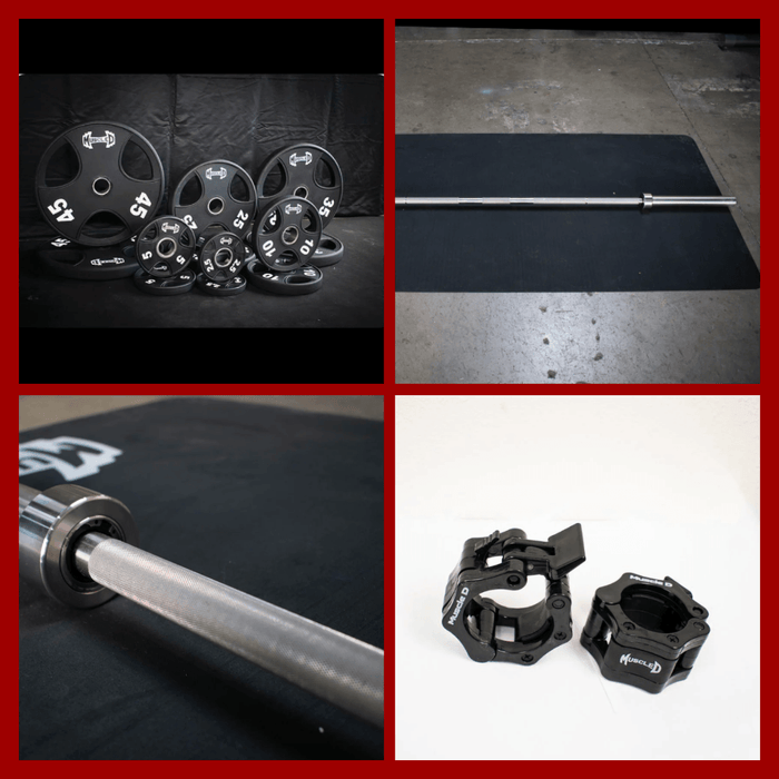 7' Stainless Steel Bushing Olympic Bar and Olympic Urethane Weight Plate Sets - Sweatfully