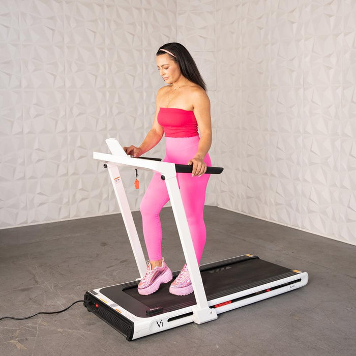 Low Profile Treadmill - Muscle D Fitness - LED Display - Heart Rate Monitor - Flex Deck for Low Impact - Adjustable Speed - Phone / Tablet Holder - Sweatfully