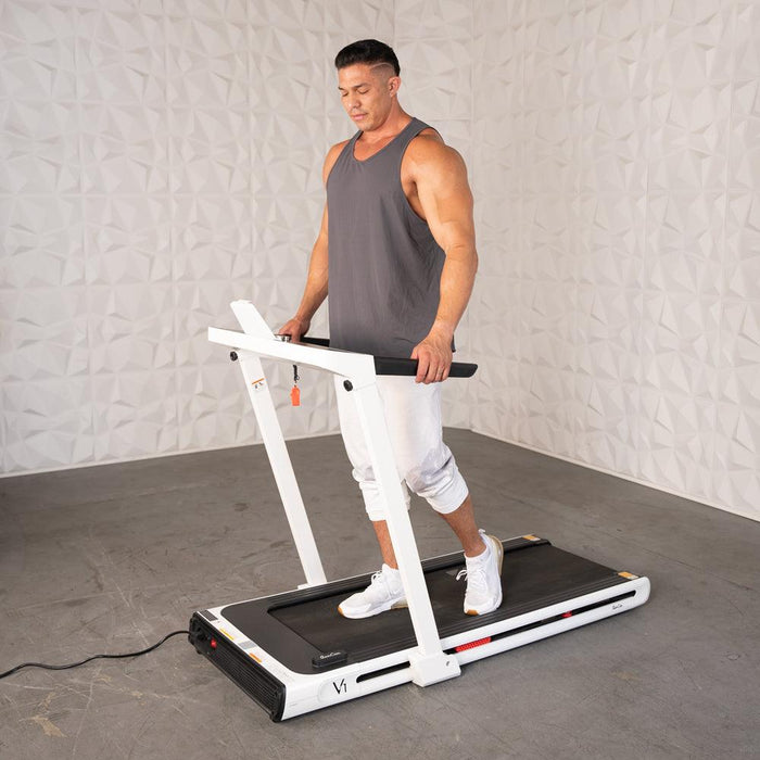 Low Profile Treadmill - Muscle D Fitness - LED Display - Heart Rate Monitor - Flex Deck for Low Impact - Adjustable Speed - Phone / Tablet Holder - Sweatfully