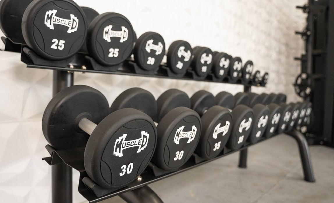 Pro Urethane Dumbbells - Muscle D Fitness - Quality Knurled Handles - Solid Design - Sweatfully