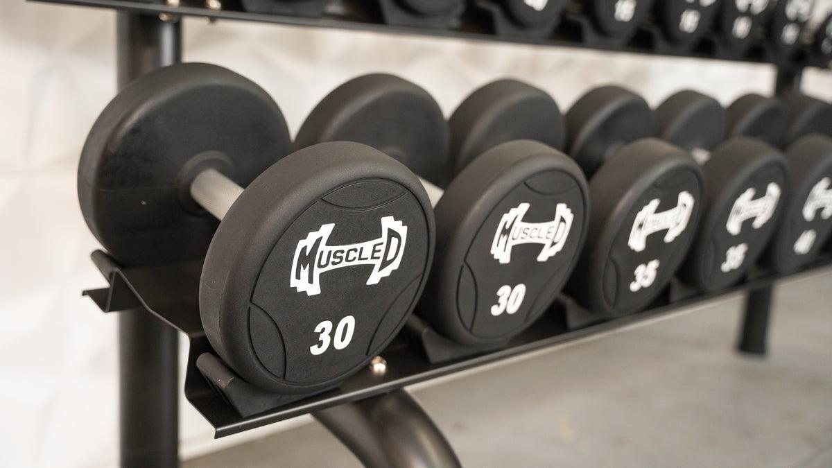 Pro Urethane Dumbbells - Muscle D Fitness - Quality Knurled Handles - Solid Design - Sweatfully