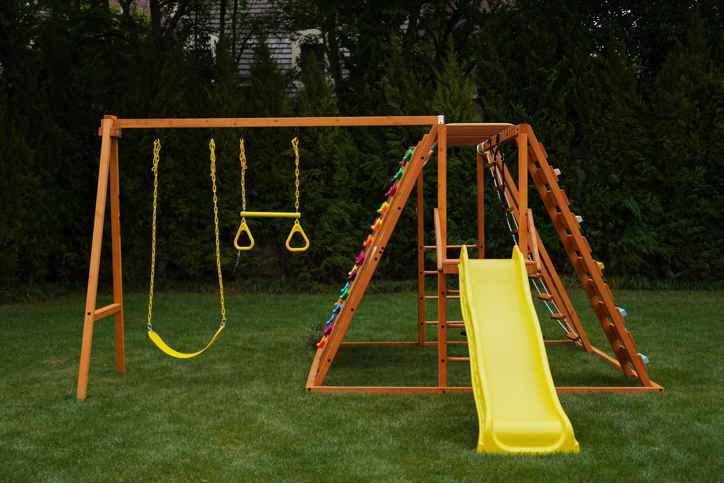 Sycamore Backyard Climbing Set – 2 Swings, Trapeze Bar & Outdoor Fun - Sweatfully