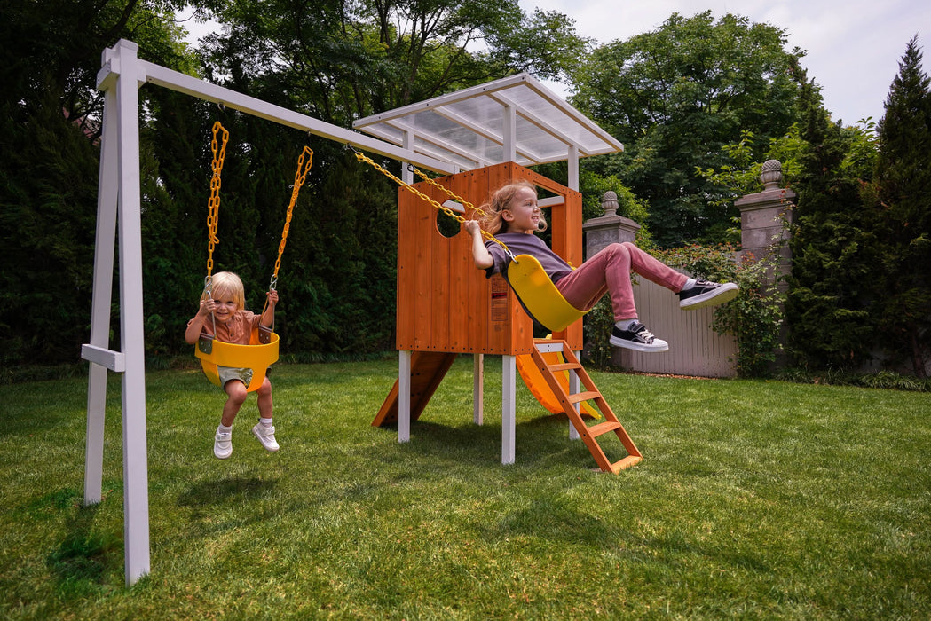 Forest Small Outdoor Toddler Swing Set | Compact Wooden Swing Frame for Babies & Kids - Sweatfully