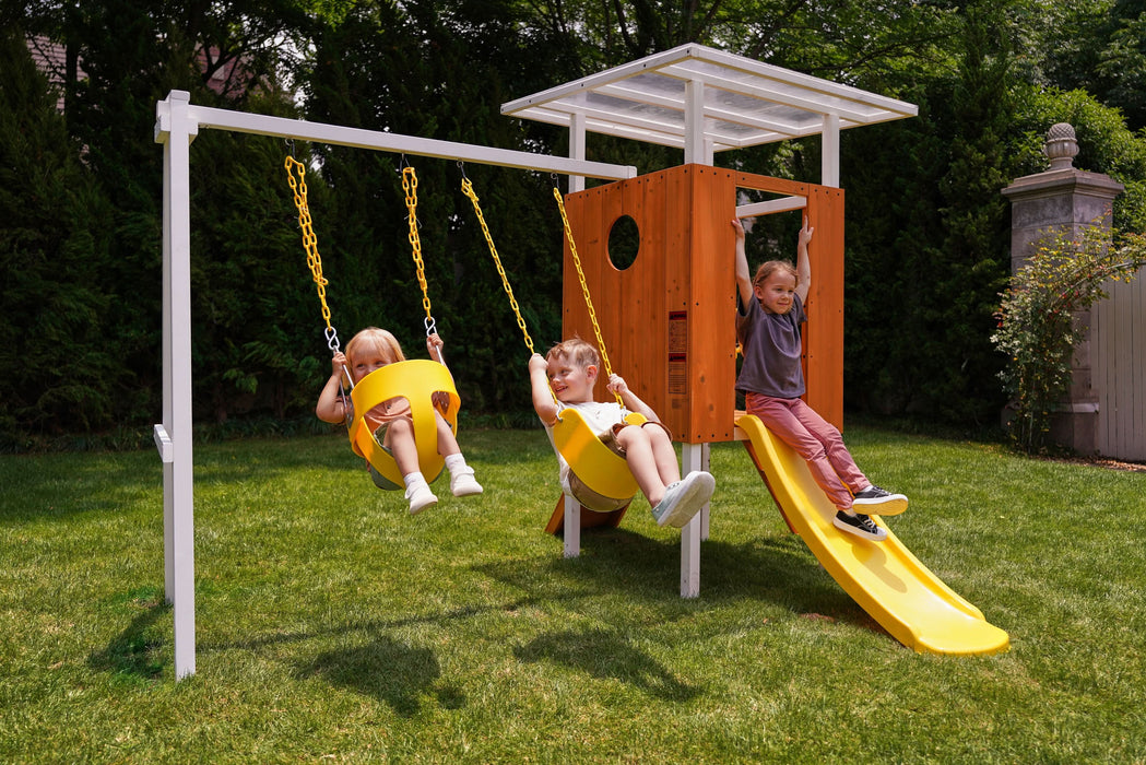 Forest Small Outdoor Toddler Swing Set | Compact Wooden Swing Frame for Babies & Kids - Sweatfully