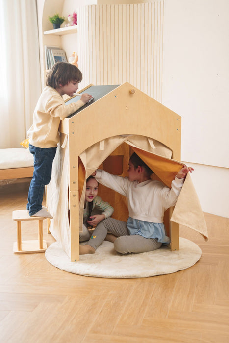 Ash Adjustable Wooden Learning Tent with Kids Desk & Chair – 2-in-1 Play & Study Station - Sweatfully