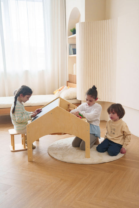 Ash Adjustable Wooden Learning Tent with Kids Desk & Chair – 2-in-1 Play & Study Station - Sweatfully