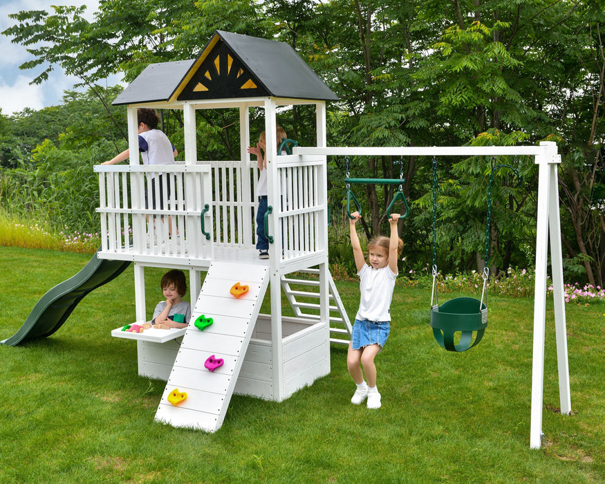 Craftsman Modern Outdoor Swing Set | Wooden Backyard Swing Frame for Kids - Sweatfully