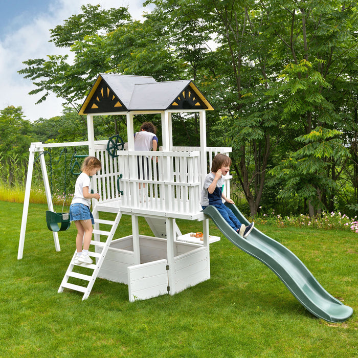 Craftsman Modern Outdoor Swing Set | Wooden Backyard Swing Frame for Kids - Sweatfully