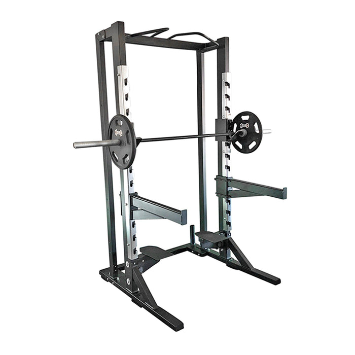 Deluxe Half Rack - Muscle D Fitness - Heavy Duty - Adjustable Safety Bars - Pull Up - Vertical Olympic Bar Storage - Sweatfully