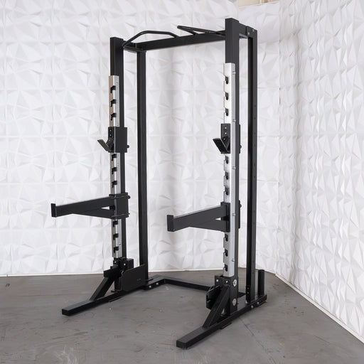 Deluxe Half Rack - Muscle D Fitness - Heavy Duty - Adjustable Safety Bars - Pull Up - Vertical Olympic Bar Storage - Sweatfully