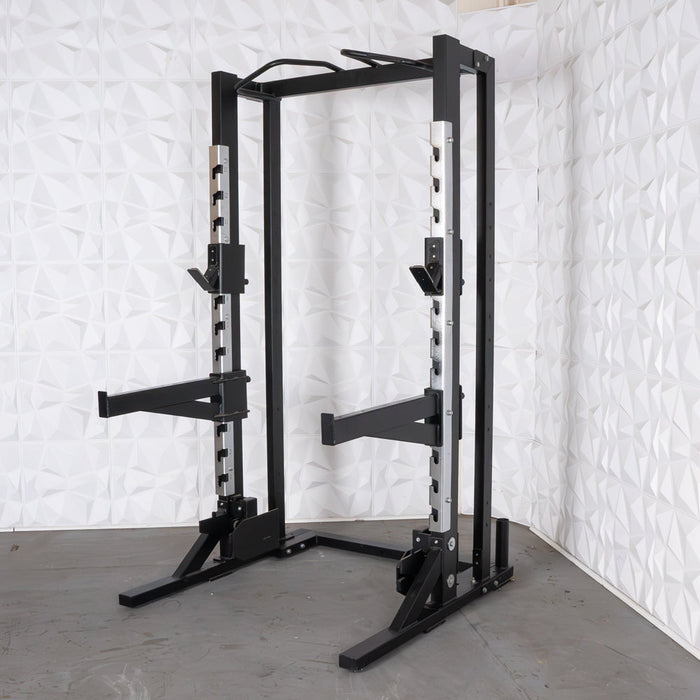 Deluxe Half Rack - Muscle D Fitness - Heavy Duty - Adjustable Safety Bars - Pull Up - Vertical Olympic Bar Storage - Sweatfully