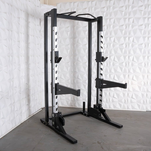 Deluxe Half Rack - Muscle D Fitness - Heavy Duty - Adjustable Safety Bars - Pull Up - Vertical Olympic Bar Storage - Sweatfully