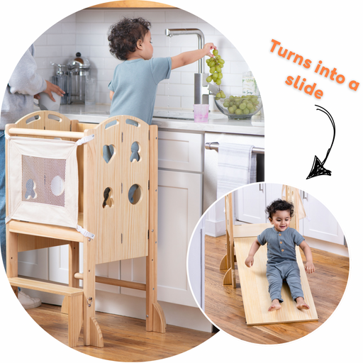 Laurel 4-in-1 Foldable Kitchen Tower, Step Stool, Slide & Chalkboard for Toddlers - Sweatfully