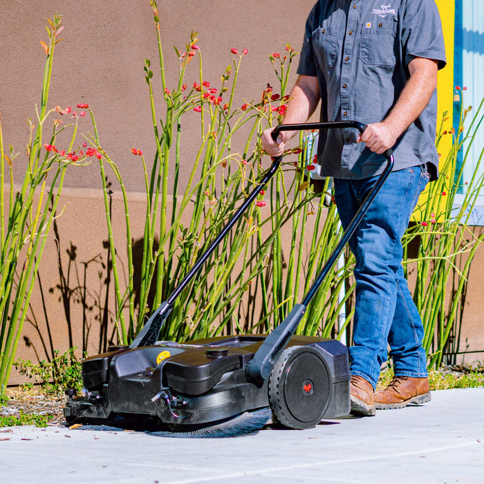 30" Battery Powered Push Sweeper with Triple Power Brooms Electric Drive and Dust Suppression - Sweatfully