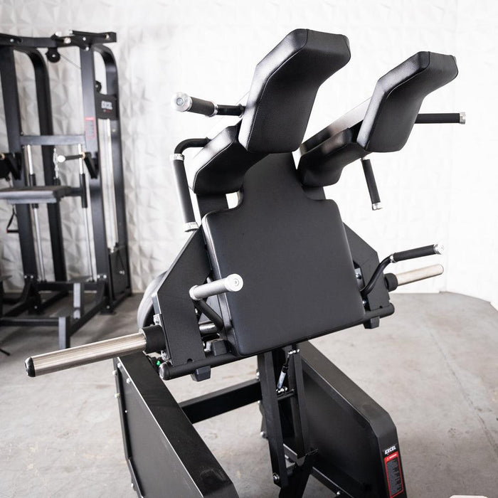 Excel Glute Line Hack Squat / Front Squat - Muscle D Fitness - Plate Load Squat Machine - Counter Balanced - Plate Storage Pegs - Sweatfully