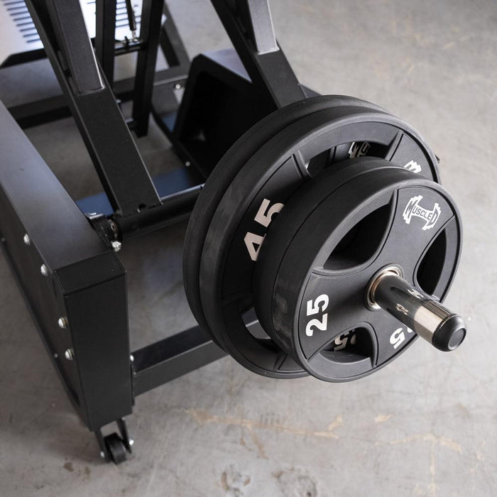 Excel Glute Line Hack Squat / Front Squat - Muscle D Fitness - Plate Load Squat Machine - Counter Balanced - Plate Storage Pegs - Sweatfully