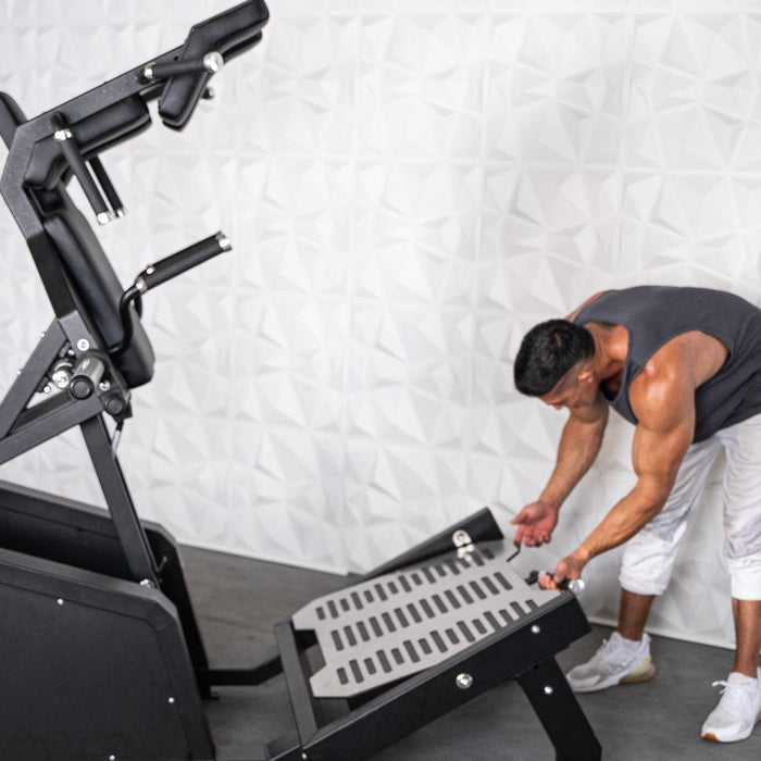 Excel Glute Line Hack Squat / Front Squat - Muscle D Fitness - Plate Load Squat Machine - Counter Balanced - Plate Storage Pegs - Sweatfully