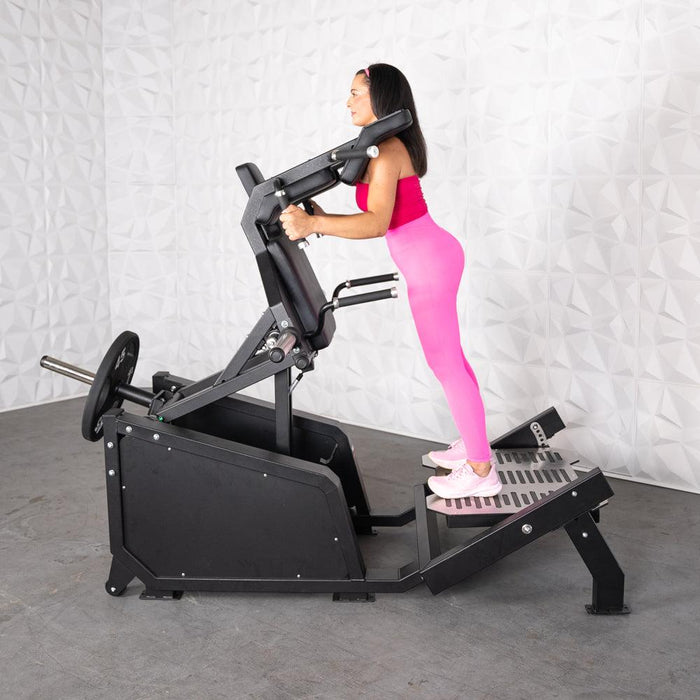 Excel Glute Line Hack Squat / Front Squat - Muscle D Fitness - Plate Load Squat Machine - Counter Balanced - Plate Storage Pegs - Sweatfully