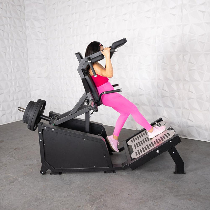 Excel Glute Line Hack Squat / Front Squat - Muscle D Fitness - Plate Load Squat Machine - Counter Balanced - Plate Storage Pegs - Sweatfully
