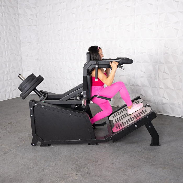 Excel Glute Line Hack Squat / Front Squat - Muscle D Fitness - Plate Load Squat Machine - Counter Balanced - Plate Storage Pegs - Sweatfully