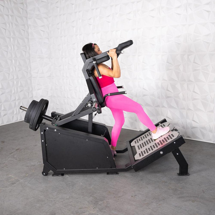 Excel Glute Line Hack Squat / Front Squat - Muscle D Fitness - Plate Load Squat Machine - Counter Balanced - Plate Storage Pegs - Sweatfully
