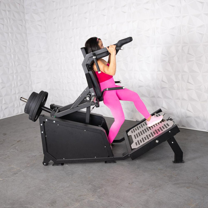 Excel Glute Line Hack Squat / Front Squat - Muscle D Fitness - Plate Load Squat Machine - Counter Balanced - Plate Storage Pegs - Sweatfully