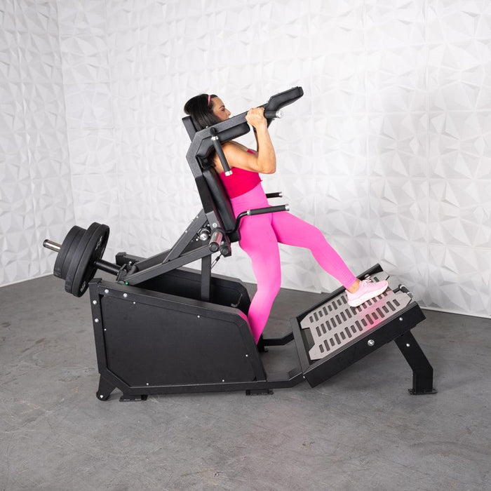 Excel Glute Line Hack Squat / Front Squat - Muscle D Fitness - Plate Load Squat Machine - Counter Balanced - Plate Storage Pegs - Sweatfully