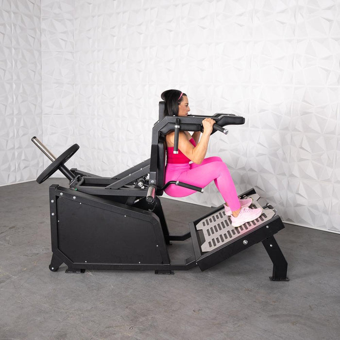 Excel Glute Line Hack Squat / Front Squat - Muscle D Fitness - Plate Load Squat Machine - Counter Balanced - Plate Storage Pegs - Sweatfully