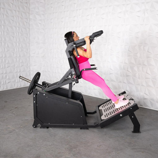 Excel Glute Line Hack Squat / Front Squat - Muscle D Fitness - Plate Load Squat Machine - Counter Balanced - Plate Storage Pegs - Sweatfully