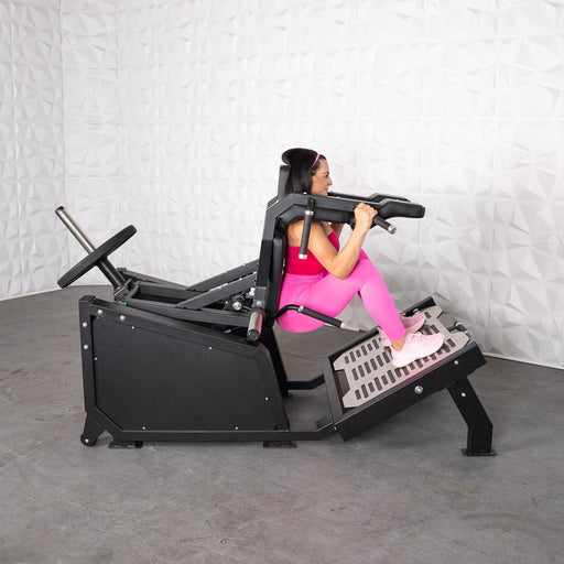 Excel Glute Line Hack Squat / Front Squat - Muscle D Fitness - Plate Load Squat Machine - Counter Balanced - Plate Storage Pegs - Sweatfully