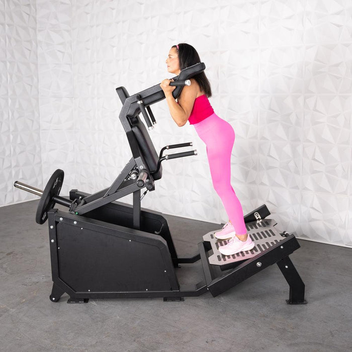 Excel Glute Line Hack Squat / Front Squat - Muscle D Fitness - Plate Load Squat Machine - Counter Balanced - Plate Storage Pegs - Sweatfully